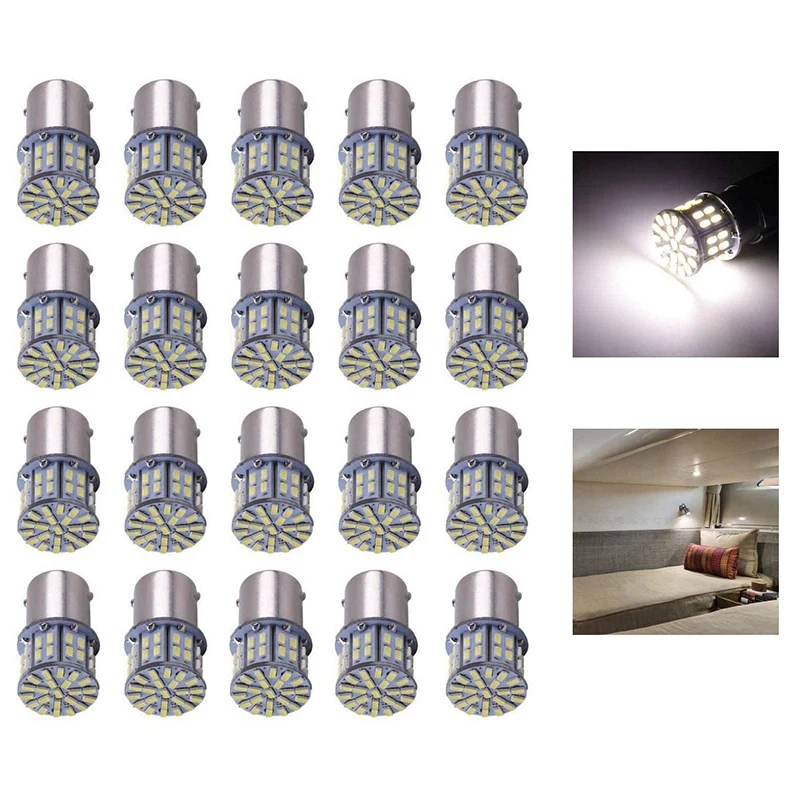 20Pcs 50SMD 1156 Car LED Bulbs Car Turn Signals Brake Lights Interior Lights White 6000K