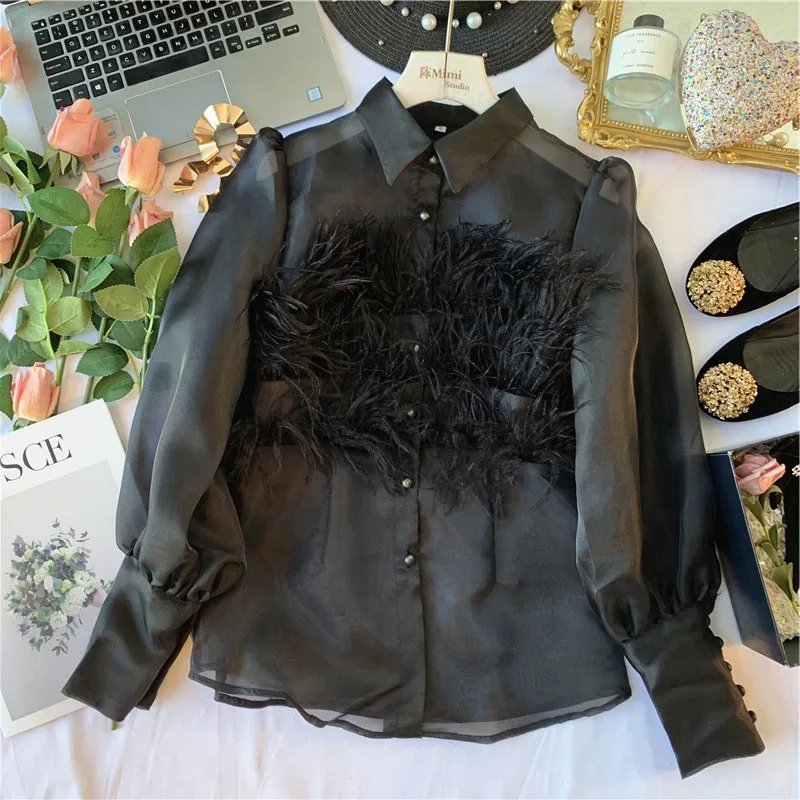 

Женская однобортная рубашка-поло из органзы с длинным рукавом-фонариком