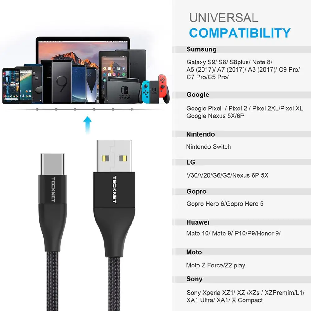 3 упаковки USB Type C кабель TeckNet для Xiaomi Redmi Note 7 3A шнур быстрой зарядки usbc зарядное
