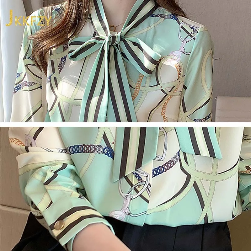 Женская шифоновая блузка с длинным рукавом элегантная офисная рубашка бантом и