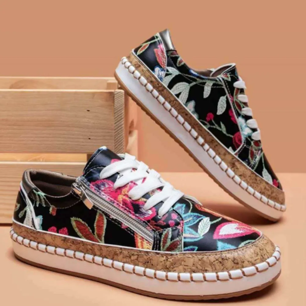 

2021 Spring New Women's Sports Shoes Fashion Women's Sneakers Floral Round Toe Thick-soled Casual Lace-up Ladies Sneakers
