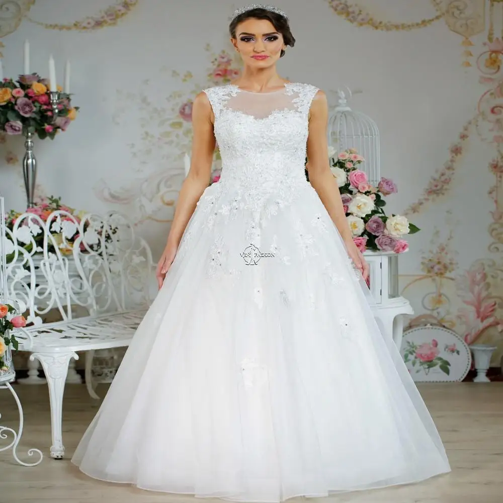 

Beautiful A Line Wedding-Dresses White Ivory Boat Neck Tulle Skirt Bridal Gown Vestido De Noiva