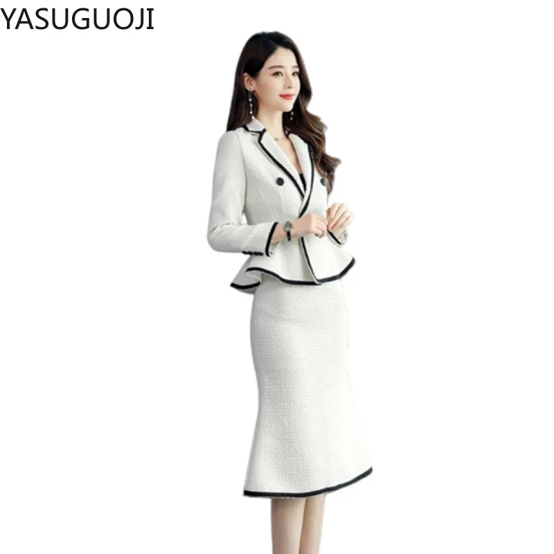 Женский офисный костюм YASUGUOJI с юбкой в стиле пэчворк 2020 двубортный пиджак +