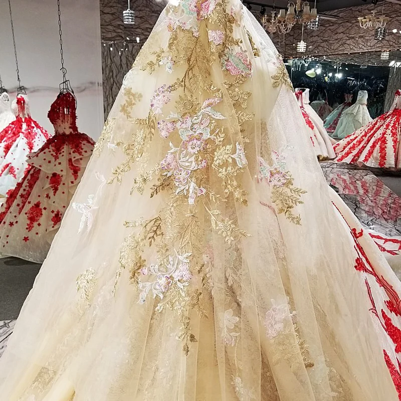 Вечернее платье LSX63454 из золотой органзы с цветами вечернее открытыми плечами и