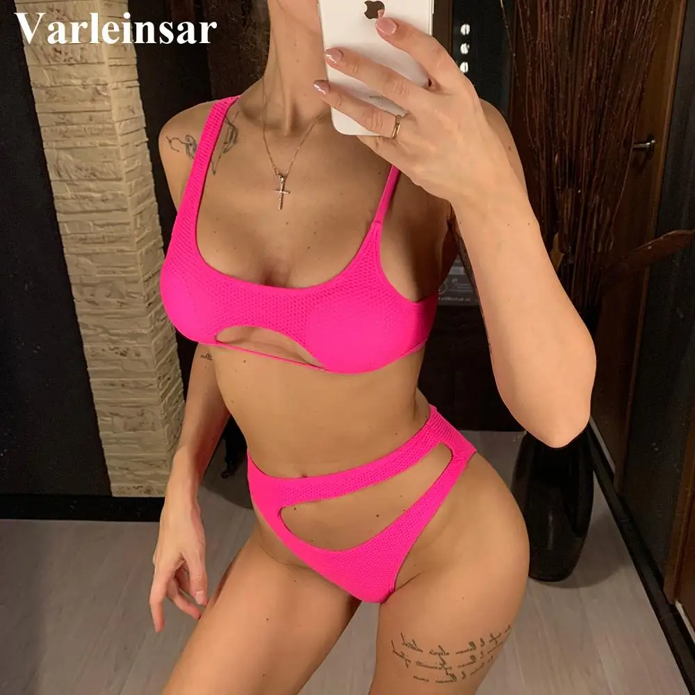 Пикантное неоновое розовое бикини со средней талией женская одежда для плавания