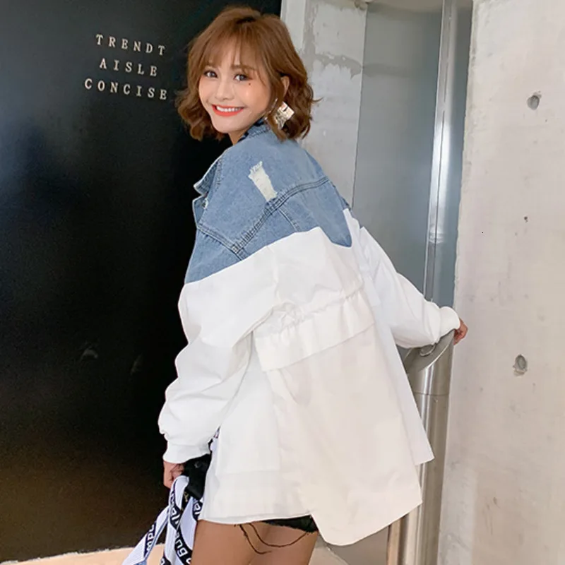 Vefadisa Autumn Woman Denim Coat Jacket Letter Loose Patchwork Hole Pockets Single Breasted 2019 QYF727 | Женская одежда
