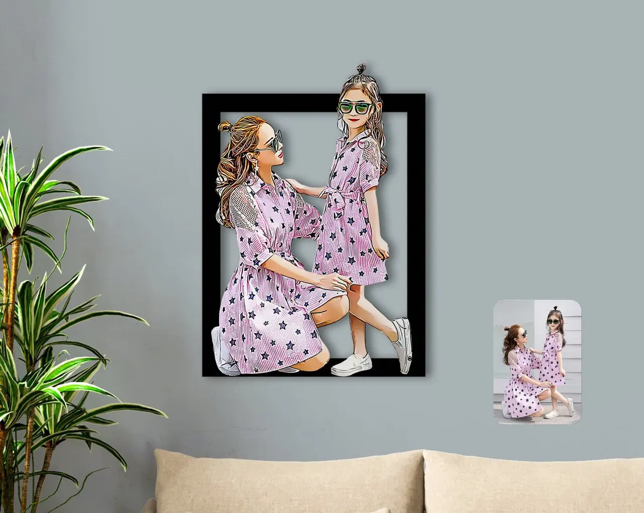 

Personalized Full Length Mother and Girl Caricature OF 3D Wood Tablo-1