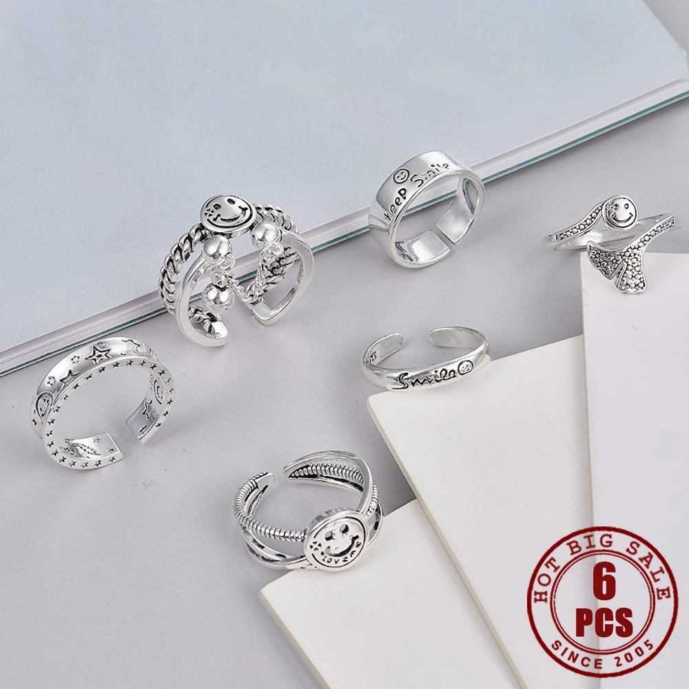 Кольца серебряные регулируемые женские в форме сердца 6 шт. | Украшения и