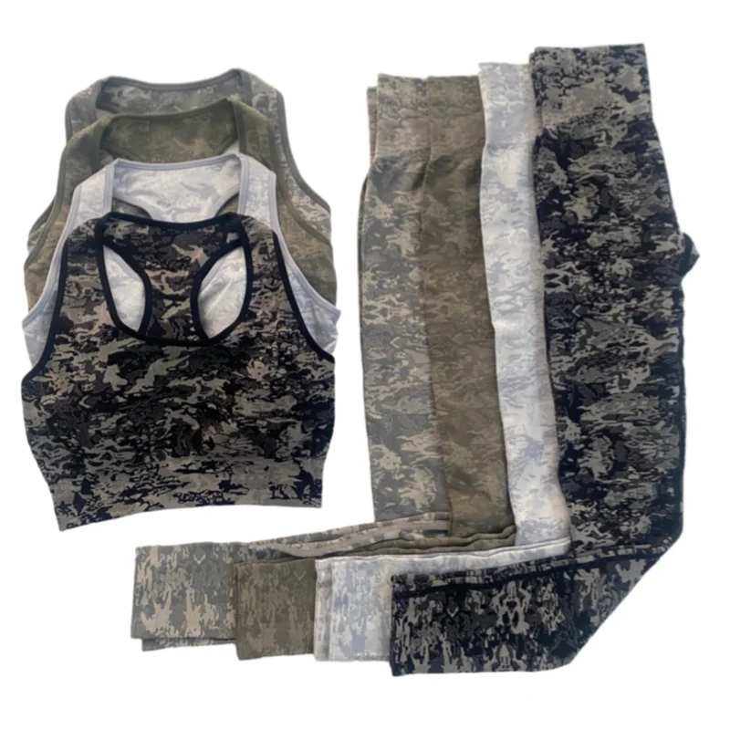 

2 peice Set Seamless Camo Gym Set Women Fitness Athletic Yoga Set Sports Suits High Waist Leggings+Push Up Bra Padded Sportswear