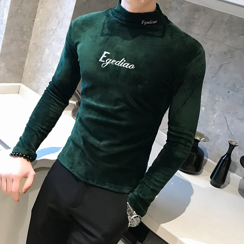 Уличная футболка Мужская модная бархатная с вышивкой высоким воротником и