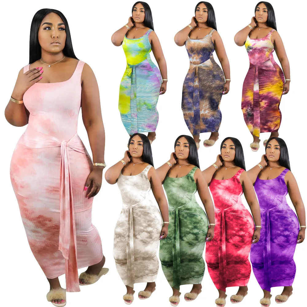

2021 Fashion Plus Size Summer New Tie-Dye Women's Sleeveless Sling Sexy Dress