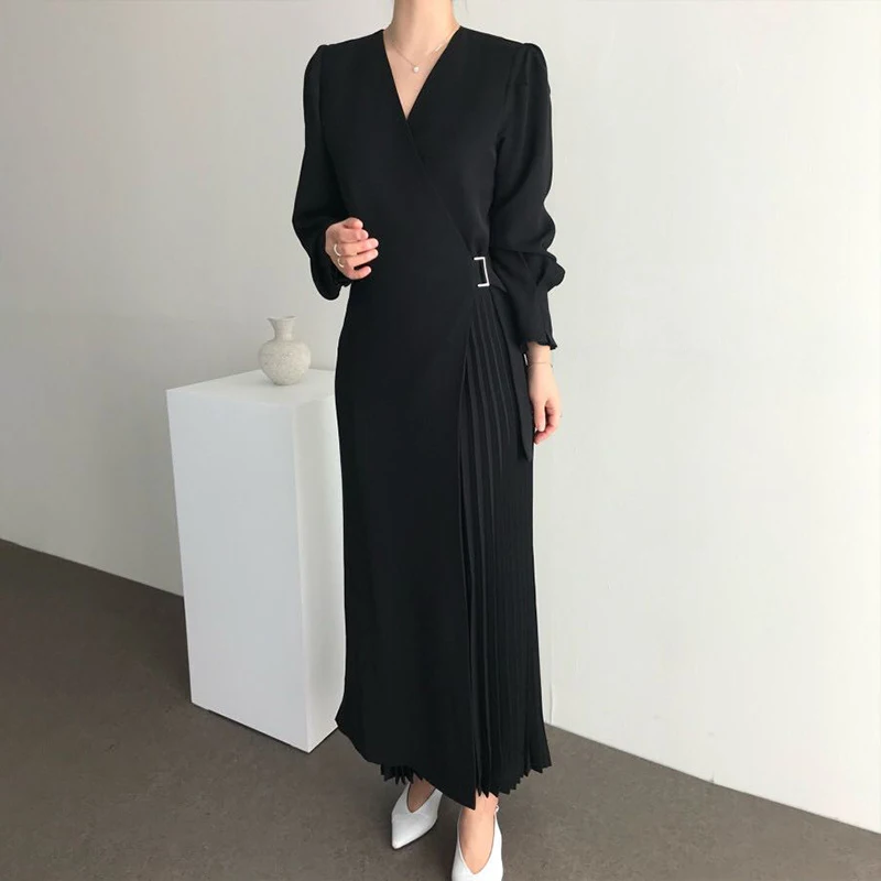 

GALCAUR Pink Ruched Women Dress V Neck Long Sleeve High Waist Lace Up Elegant Casual Dresses Female Fashion Clothing 2020 Fall