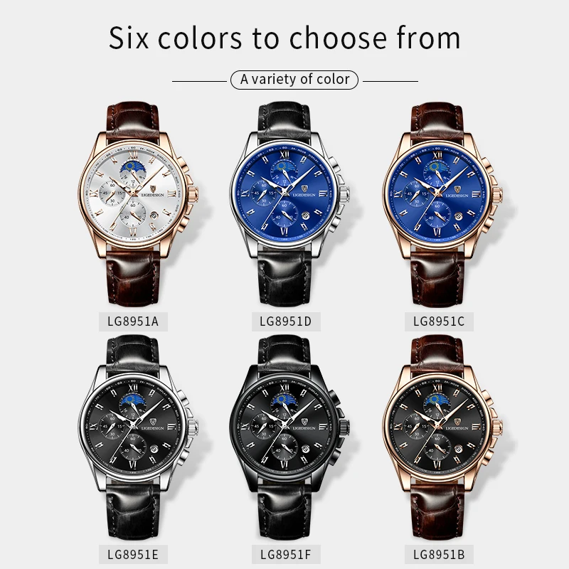 Часы наручные LIGE мужские с кожаным ремешком брендовые Роскошные спортивные