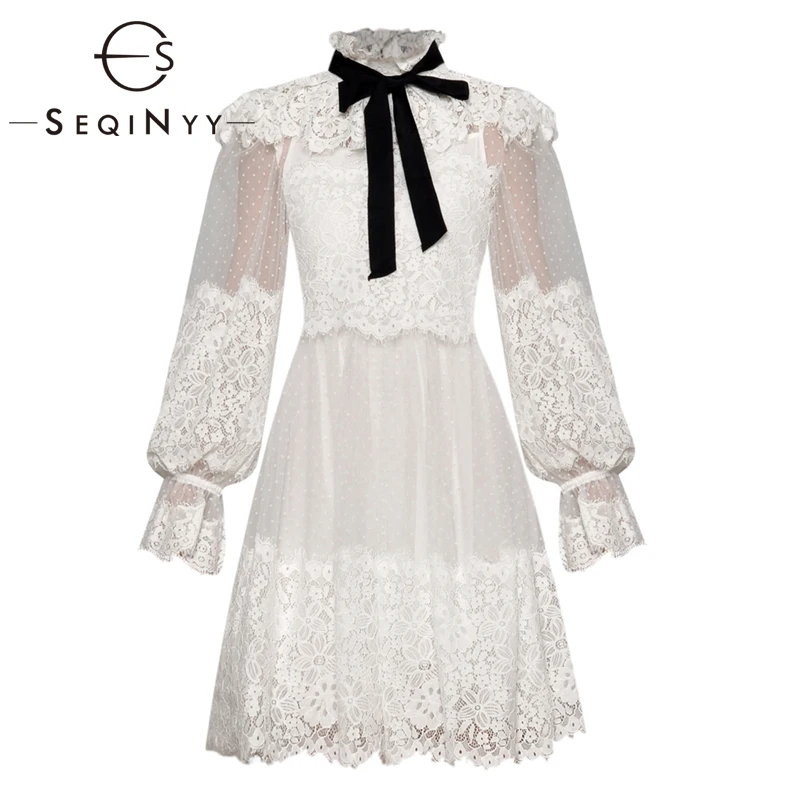 SEQINYY/платье принцессы; Новинка года; сезон лето-весна; модное дизайнерское платье с длинными рукавами-фонариками; Сетчатое кружевное платье в горошек с оборками; женское мини-платье