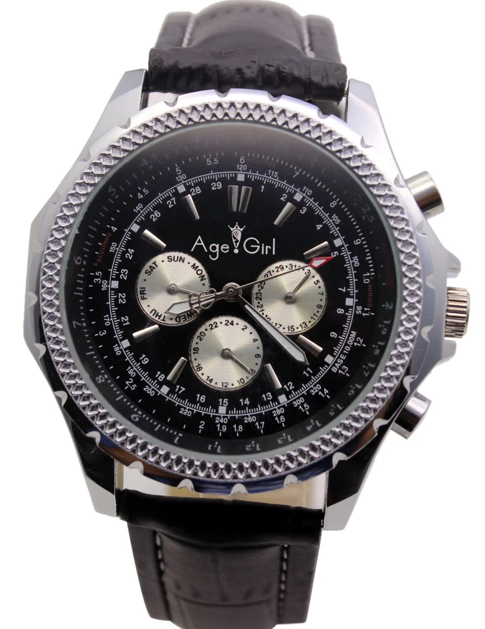 

New Silver Black Leather Automatic Mechanical Watch Chronograph Bracelet Men's GT Drive Big Watches 48mm Special Edition