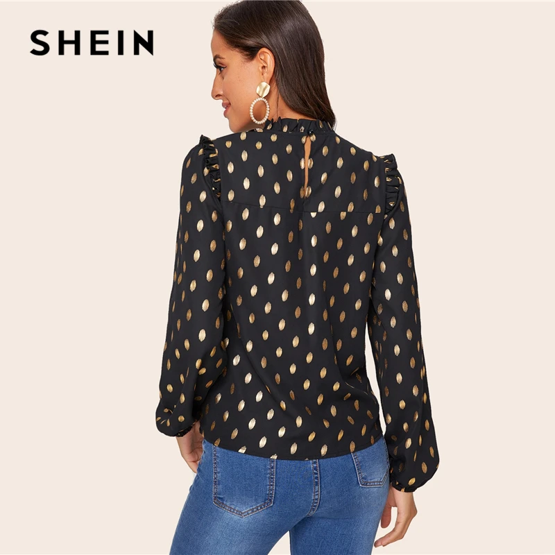 SHEIN черная блузка с оборкой и рукавом-фонариком, с золотым принтом в горошек, женская блузка, весенний сезон осень, со стоячим воротником, элегантные офисные женские блузки