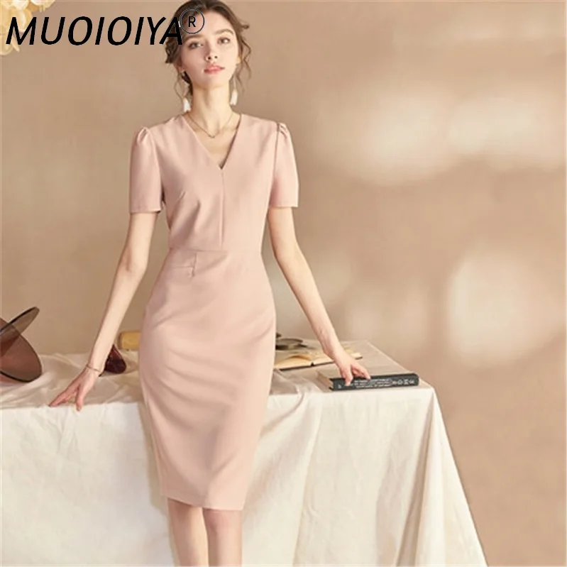 

Женское платье-карандаш средней длины, элегантное офисное однотонное платье до колен с V-образным вырезом в Корейском стиле, весна-лето 2021