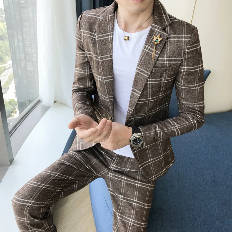Костюм из двух предметов (Блейзер + брюки) осенний Новый мужской модный костюм с
