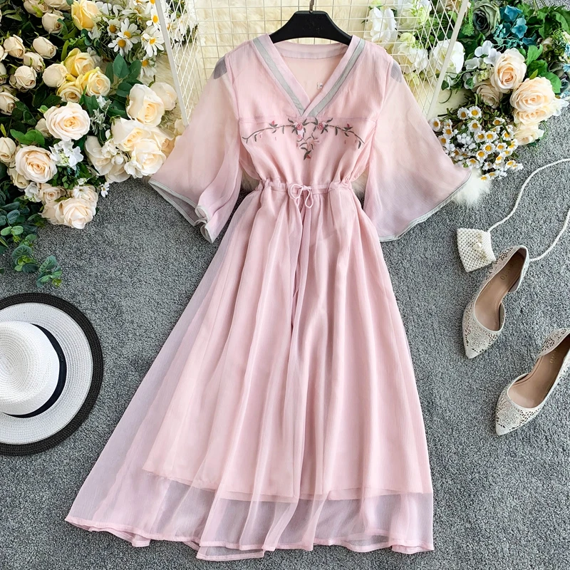 Женское шифоновое платье с высокой талией в стиле ретро новинка 2019 летняя мода