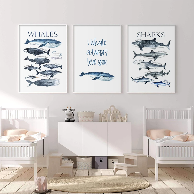 Картина для детской комнаты с морским морем холст постером Кита акулы животное