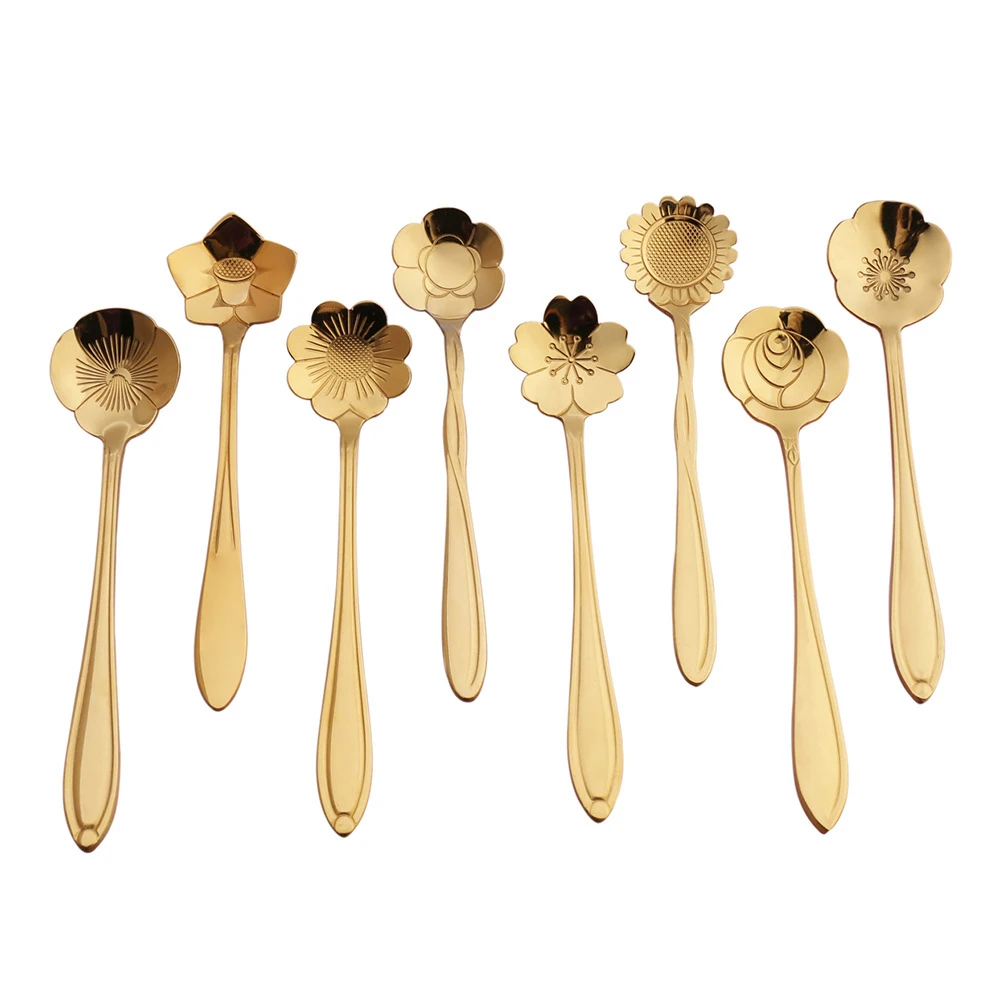 8PCs/ Set Cherry Blossoms Stainless Steel Tea Coffee Spoon Teaspoons Ice Cream Sugar Flatware Gold Kitchen Tableware | Дом и сад