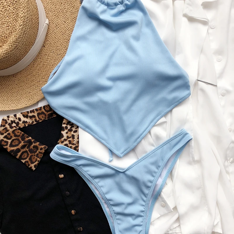 

Bellyband Bikini New Low Waist Halter Women's Swimwear Small Pit Strip Swimsuit Blue Women Bikini Set Push Up Swimming Suit