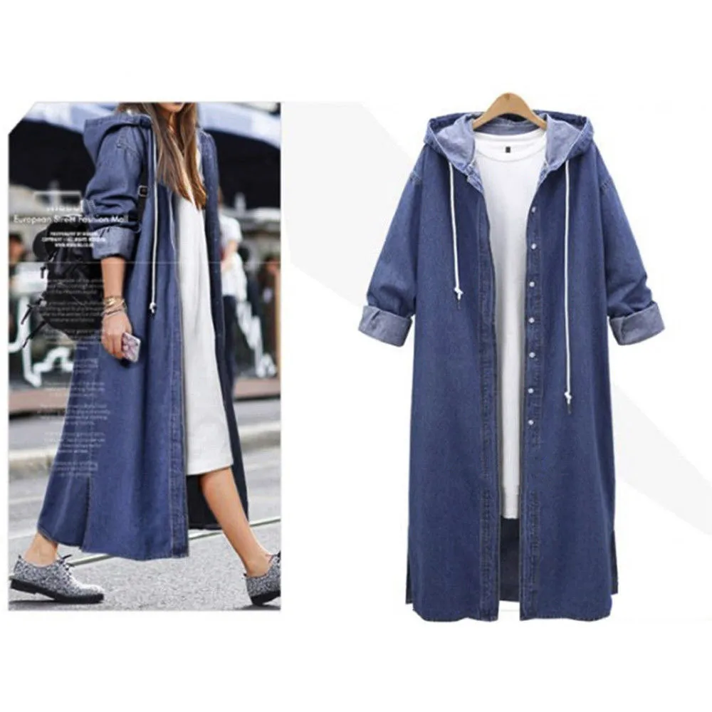 

New Autumn Women Sexy Hooded Denim Jackets Vintage Casual Long Jean Women Jacket Long Sleeve Female Coat Winter Streetwear