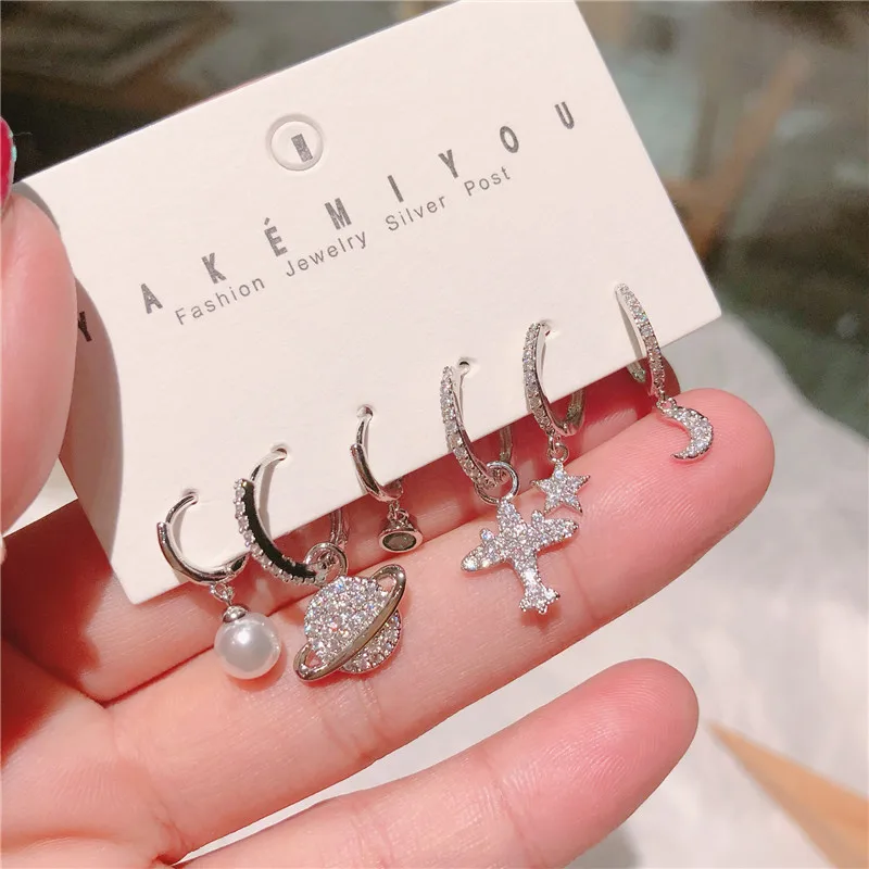 

6Pcs/set Fashion Woman Girl Earrings Airplane Planet Moon Star Pearl Hoop Earrings S925 Silver Needle Rhinestone Earrings