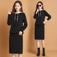 2021 autumn winter knitted 2 piece set women loose hooded sweater skirts suit female printing two pieces set y260