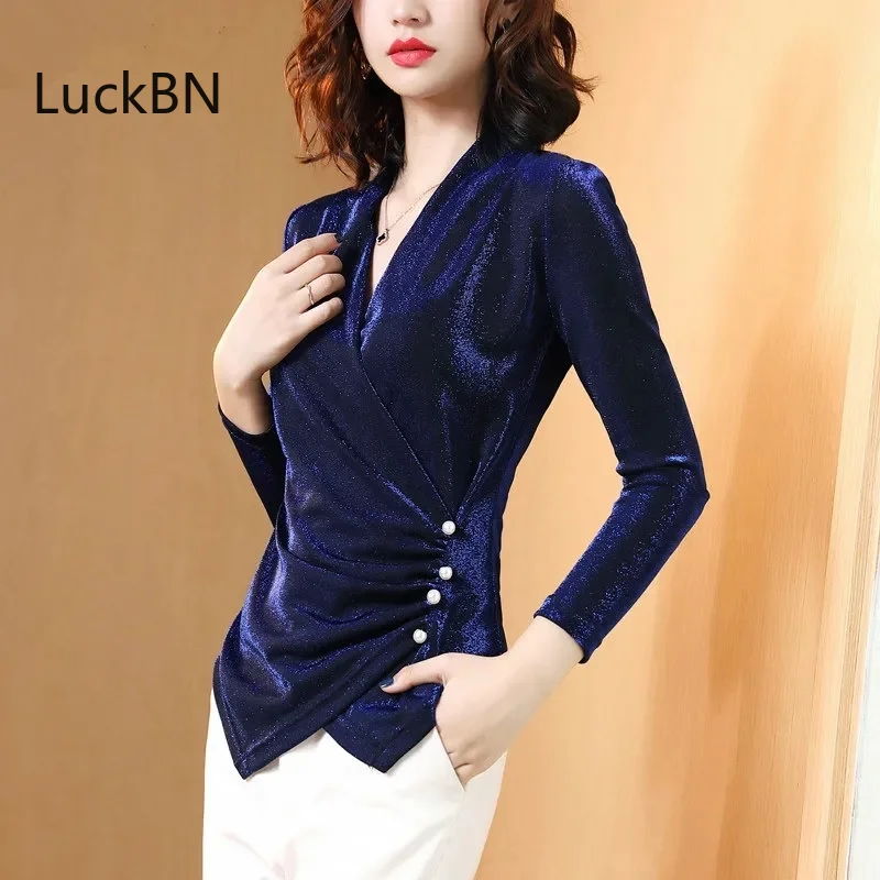 

V-neck Solid Color Shirt Women Tops 2021 Spring Autumn Korean Fashion Bottoming Shirt Long-sleeve Bright Silk Slim Top Blusas