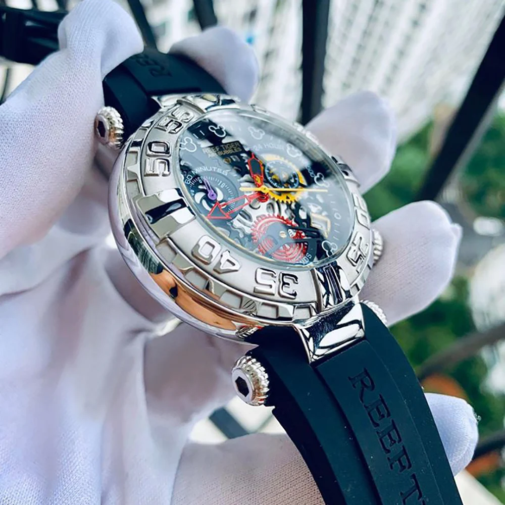 Мужские наручные часы Reef Tiger/RT спортивные с резиновым ремешком и стальным