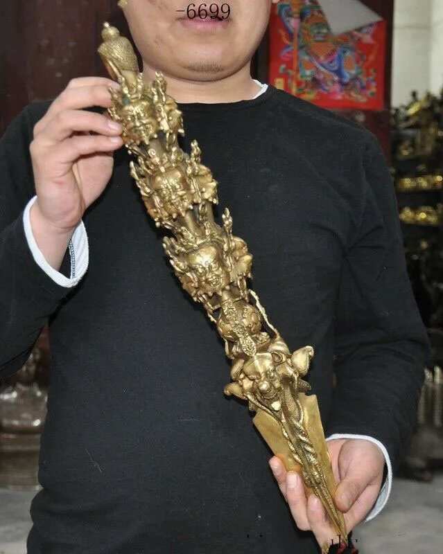 

wedding decoration 20" Tibetan Buddhism brass bronze Mahakala Buddha head Dorje Vajra phurpa Dagger