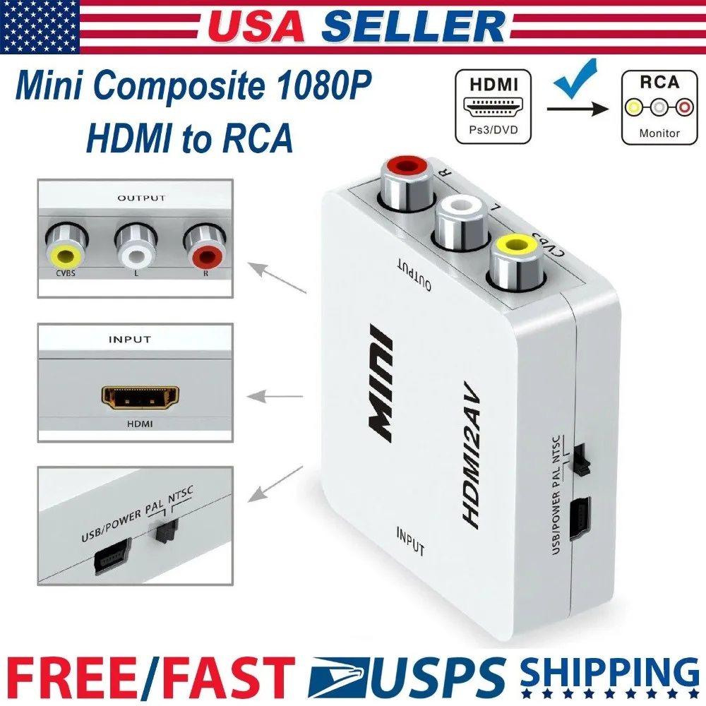 1080P Mini HDMI to VGA RCA AV Composite Adapter Converter with 3.5mm Audio cable VGA2AV / CVBS + PC HDTV | Электроника