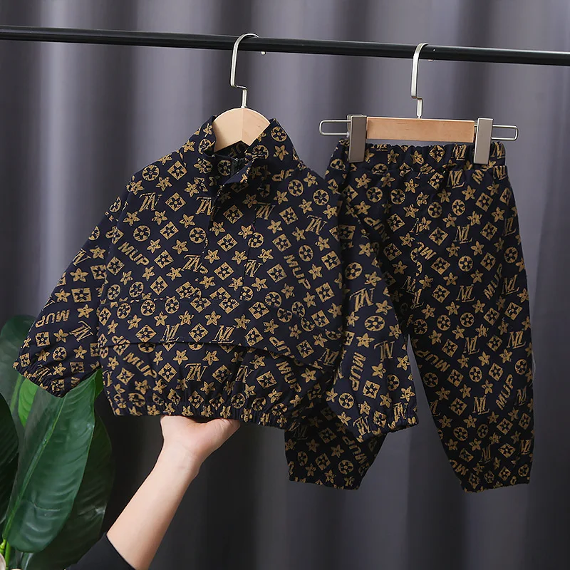 Traje de ropa para ni&ntilde;os, ropa deportiva de moda con cuello levantado, Top de manga larga, pantalones de dos piezas con costuras, primavera y oto&ntilde;o-2