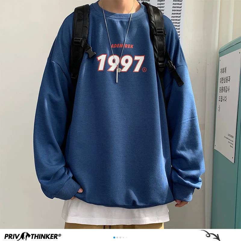 

Men Warm Fleece Casual Sweatshirts Harajuku 1997 Printed Men Blue Oversized Hoodies Korean Women Loose Pullovers