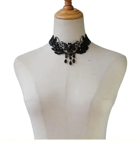 Новые Соблазнительные готические Чокеры, кружевные ожерелья, ожерелье с черными кристаллами в форме капли воды, Ажурные кружевные цветочные ожерелья для женщин, ювелирные изделия