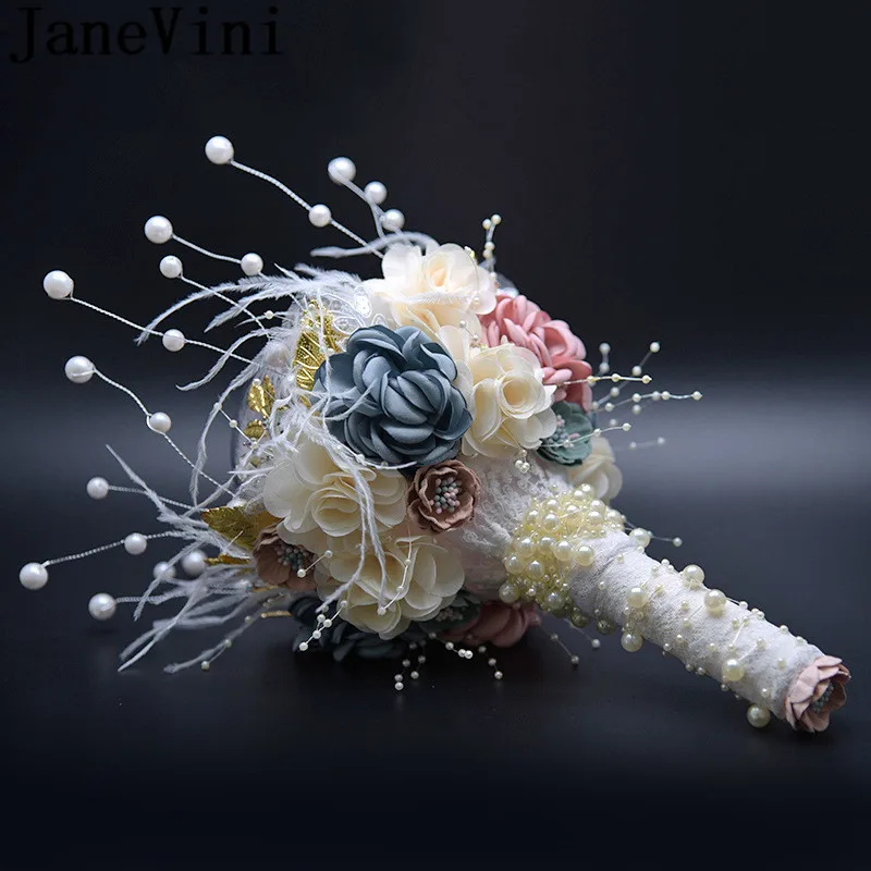 JaneVini роскошный свадебный букет из перьев и жемчуга искусственные розовые цветы
