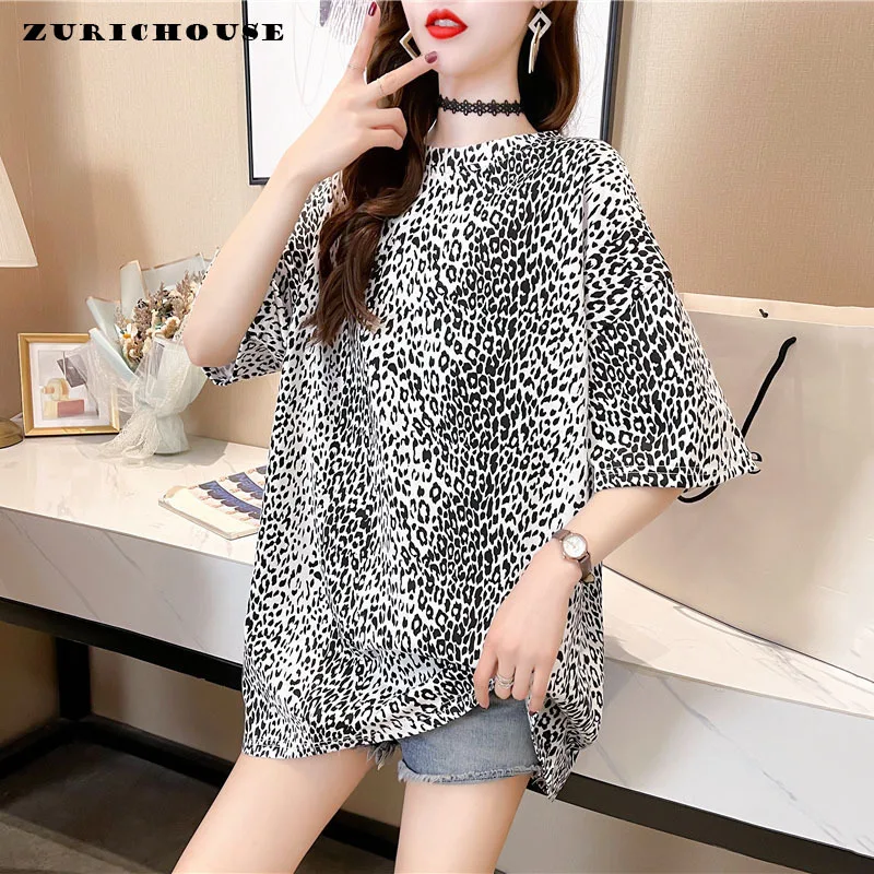 

Женская леопардовая футболка ZURICHOUSE, шикарные топы с коротким рукавом и круглым вырезом, уличная мода, летняя футболка большого размера для ...