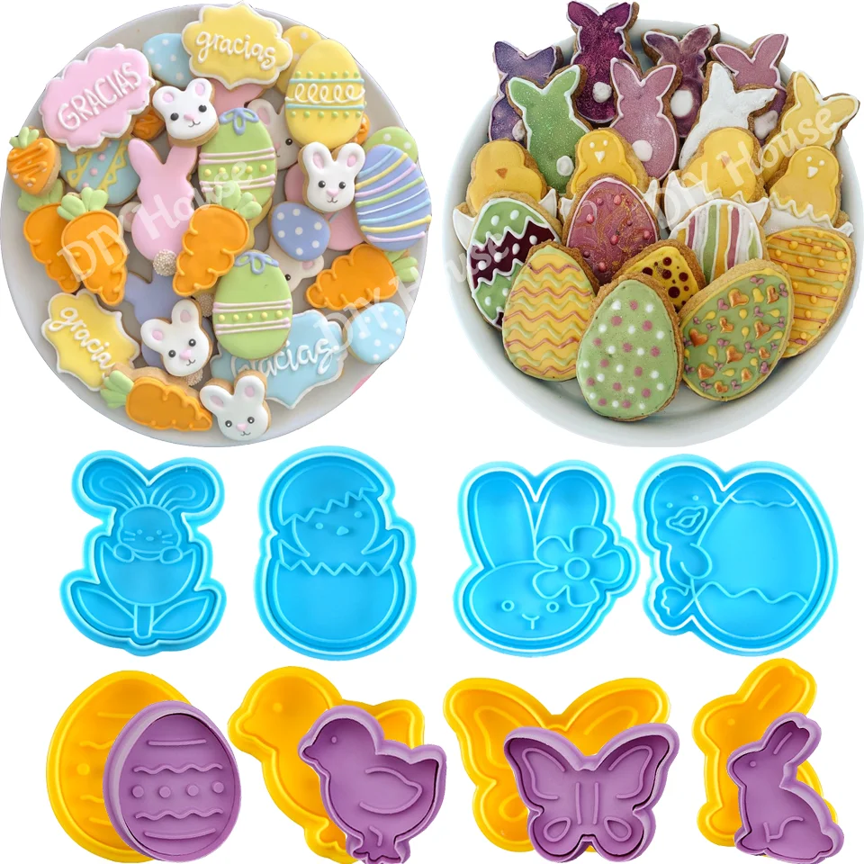 

4Pcs Easter Food Grade Plastic Cookie Molds Rabbit Egg Biscuit Cutter 3D Cartoon Rabbit Baking Tools Party Cupcake DIY Supplies
