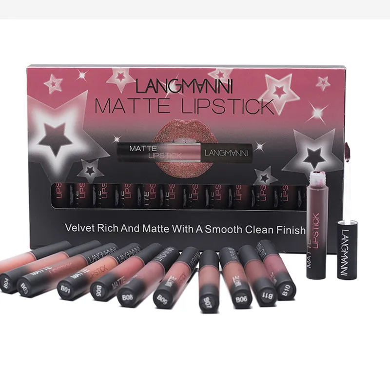

12pcs/Set mist Matt Liquid lip gloss makeup Waterproof Nutritiou Velvet Long Lasting box packaging Red Tint Nude batom Lipstick