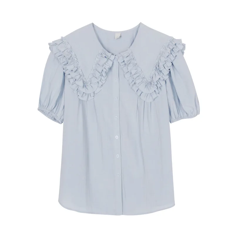 

2021 summer Korean version of short-sleeved shirt with wooden ears women's loose temperament sweet age-reducing top