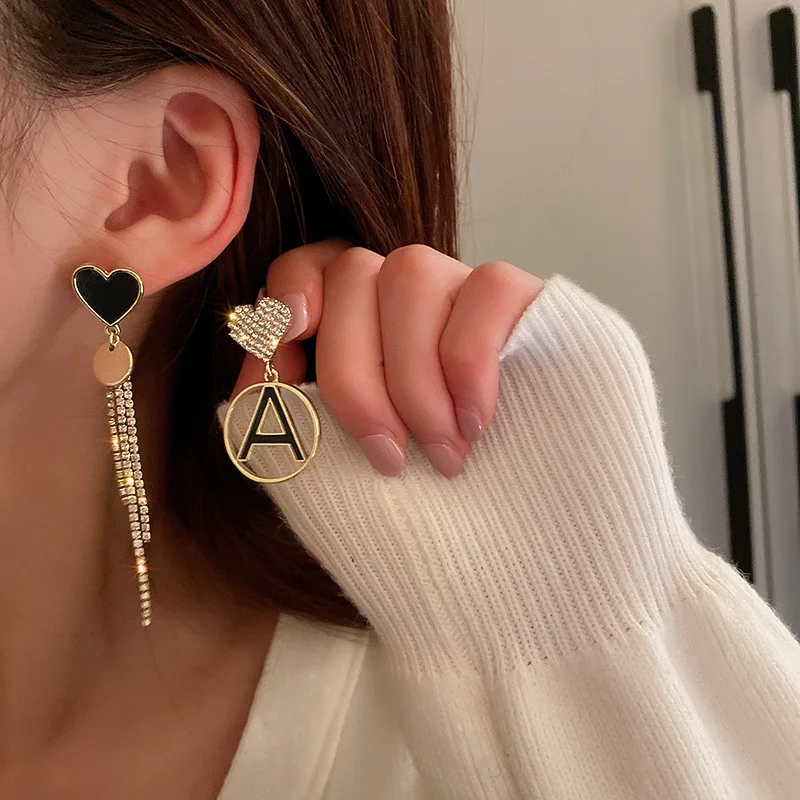 

New fashion personality asymmetrical diamond love letter earrings female S925 silver needle temperament long tassel earrings