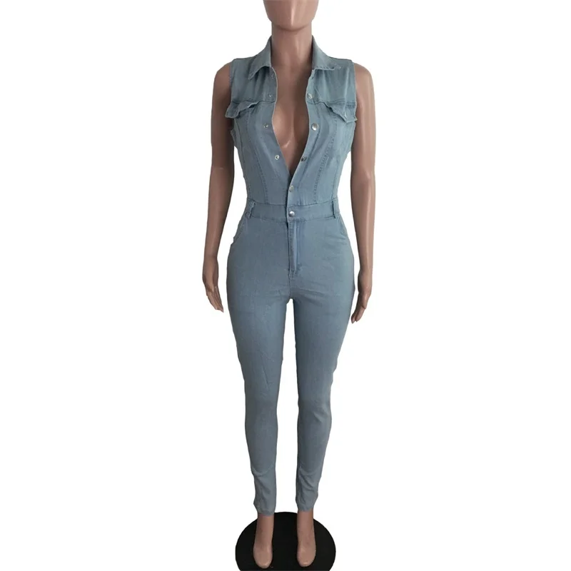 Модный однобортный джинсовый Длинный Облегающий комбинезон женский сексуальный
