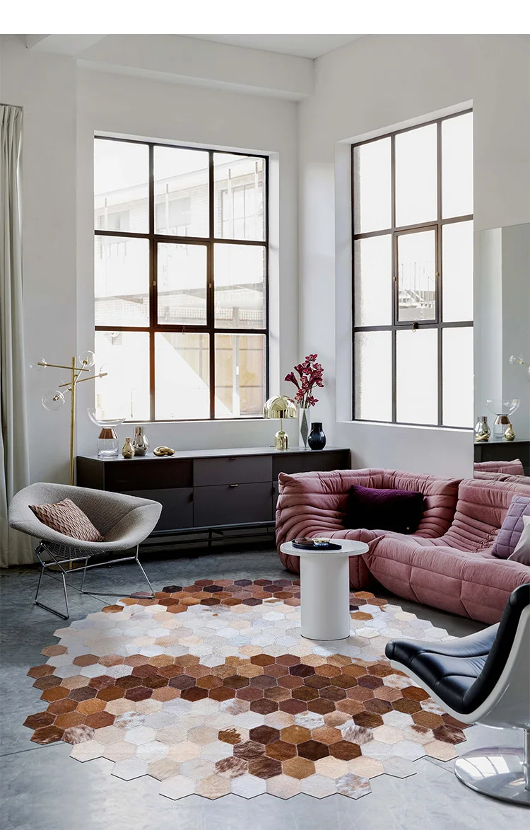 American style irregular shaped genuine cowhide skin fur patchwork rug real cows diamond plaid carpet villa | Дом и сад