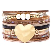 FYSL Wholesale 10 Pcs Light Yellow Gold Color Love Heart Metal Layer Leather Bracelet with Pearls Romantic Jewelry