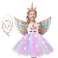 girls christmas unicorn glow dress with hairband kids birthday party rainbow mesh flower tutu dresses princess cosplay costumes
