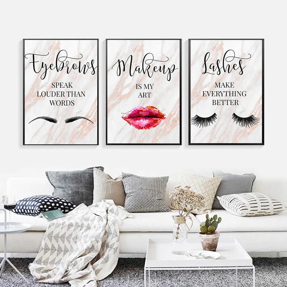 

Fashion Canvas Makeup Quote Art Poster Print Eyelash Eyebrow Lips Marble Painting Nordic Wall Picture for Living Room Decoration