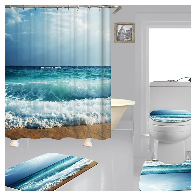 

Hot Selling Beach Seascape Pattern Digital Printing Shower Curtain Non-slip Bath Mat Toilet Mat Bathroom 4-piece Set