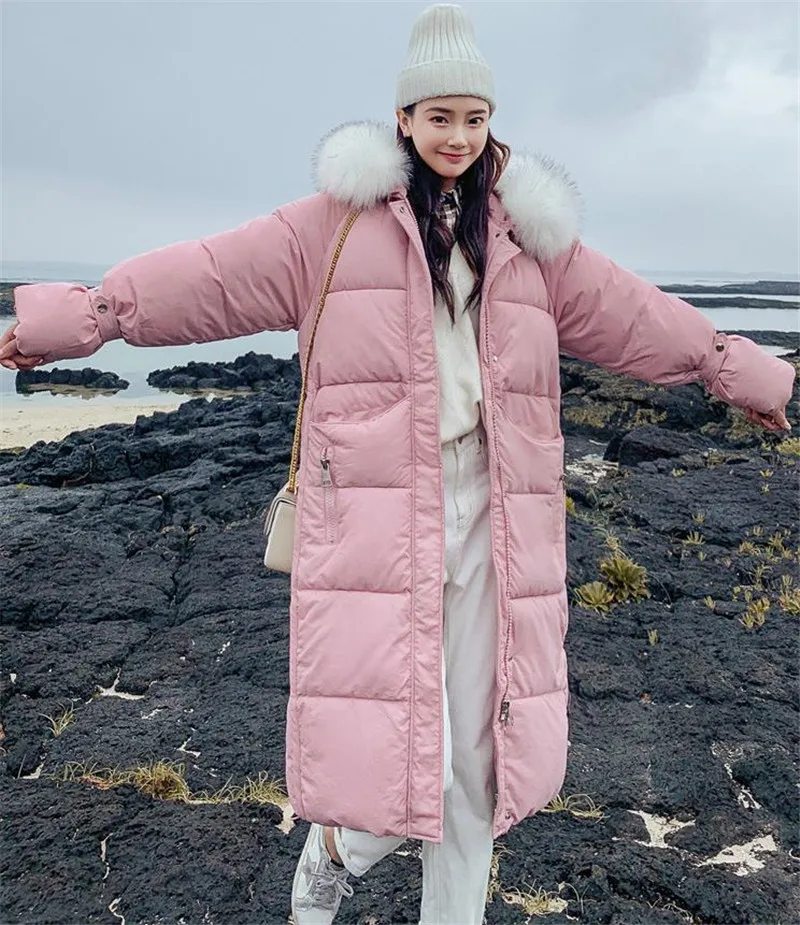 Pink Зимняя женская куртка, однотонное свободное зимнее пальто с капюшоном, женская модная длинная парка с белым меховым воротником, теплая верхняя одежда, куртки Femme - Цвет: Pink