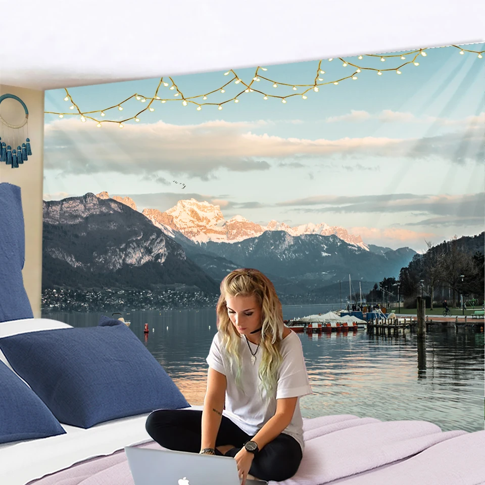 Снежная гора природный пейзаж гобелен настенный речной хиппи матрас богемный